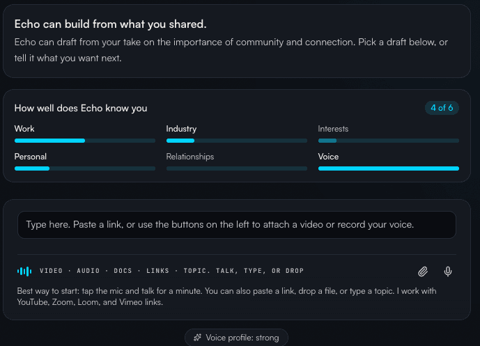 EchoMe universal input box: paste a link, type a topic, drop a video, or record a voice note